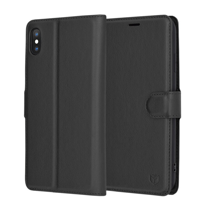 Husa pentru iPhone XS Max, SKYDDAR INNOVATION, Leather Folio tip Carte, cu Portofel Interior, Finisaje Premium, set cu sticker, Negru