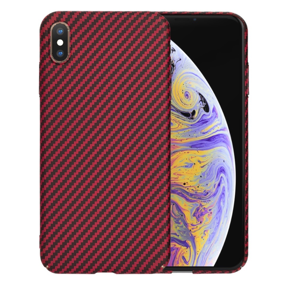Husa pentru iPhone XS Max, SKYDDAR INNOVATION, textura carbon, Carbonite FiberShell, set cu sticker, Rosu,