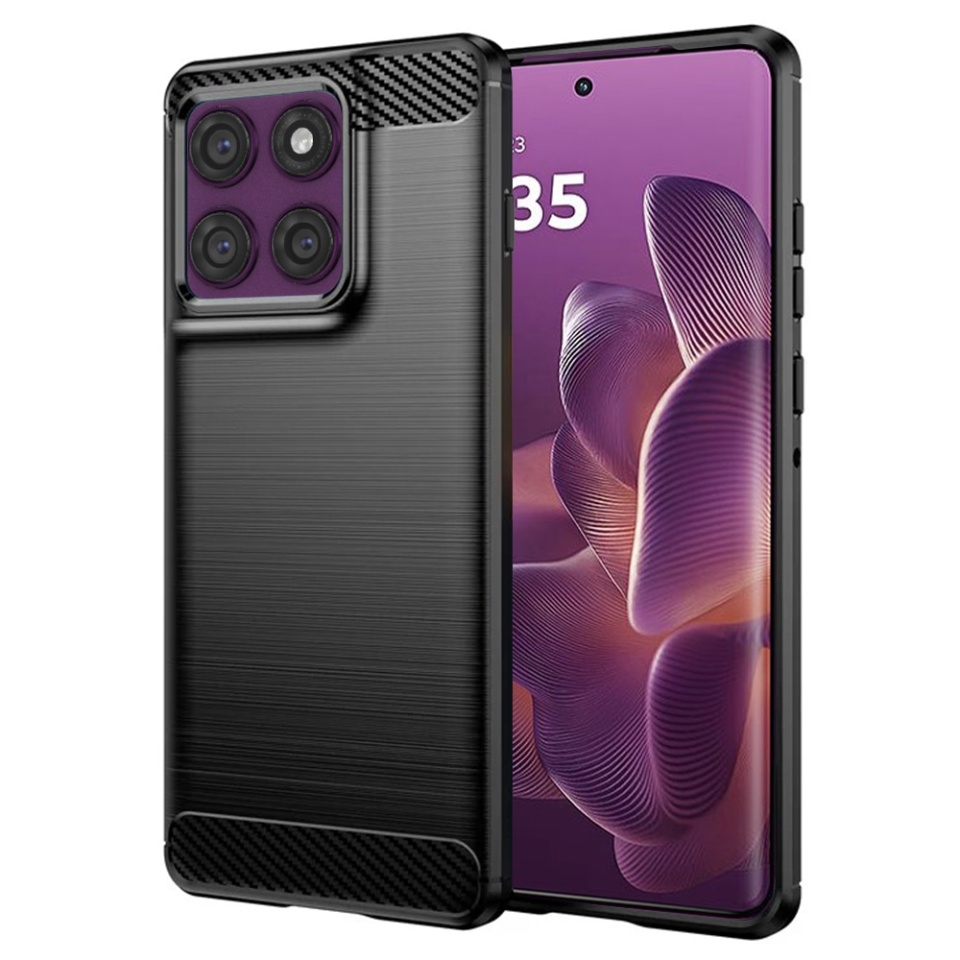 Husa pentru Motorola Edge 60 Pro, SKYDDAR INNOVATION, Carbon Silicone, din Silicon Premium, Slim, cu textura Fibra Carbon, Negru, set cu sticker