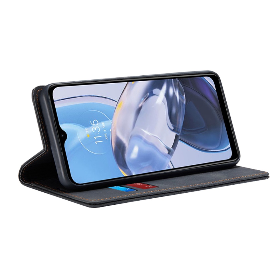 Husa pentru Motorola Moto E22 / Moto E22i, SKYDDAR INNOVATION, Soft Wallet, tip Carte din piele Eco Premium, cu Portofel Interior, Negru, set cu sticker - 1 | YEO