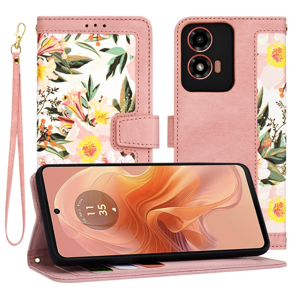 Husa pentru Motorola Moto G04 / Moto G24 / Moto G04s / Moto E14 din Piele Ecologică cu Design Floral, Protecție 360°, Stand Integrat, Buzunare pentru Carduri, SKDR Floral Wallet - Roz