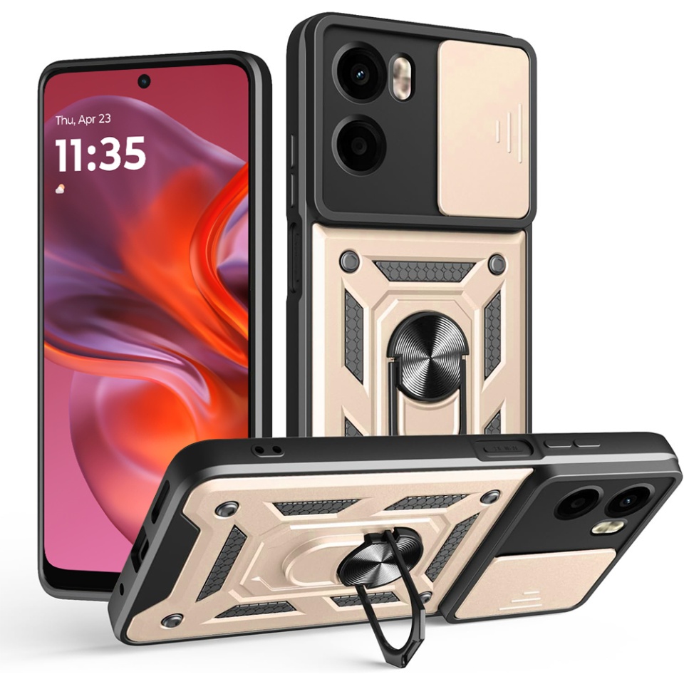 Husa pentru Motorola Moto G05 / Moto E15, SKYDDAR INNOVATION, CamShield, Inel magnetic, set cu sticker, Auriu