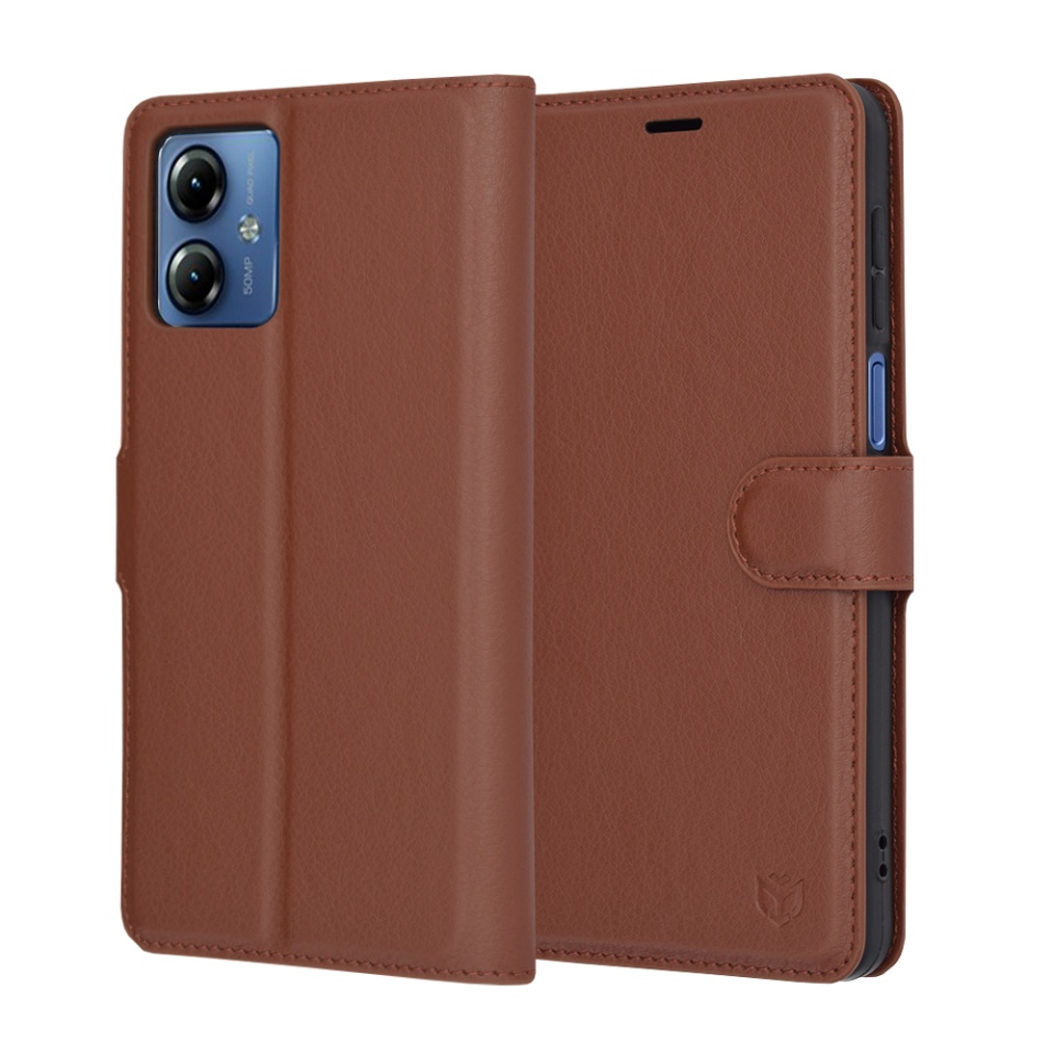 Husa pentru Motorola Moto G14, SKYDDAR INNOVATION, Leather Folio tip Carte, cu Portofel Interior, Finisaje Premium, set cu sticker, Maro