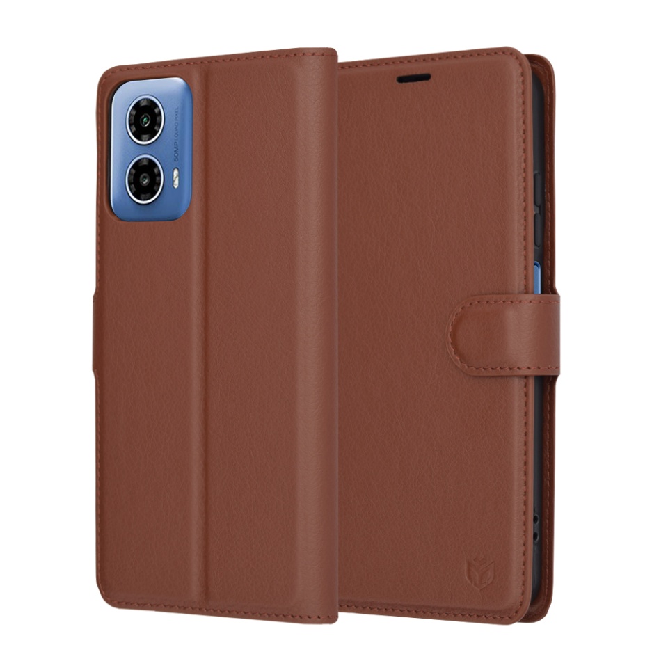 Husa pentru Motorola Moto G34 / Moto G45, SKYDDAR INNOVATION, Leather Folio tip Carte, cu Portofel Interior, Finisaje Premium, set cu sticker, Maro