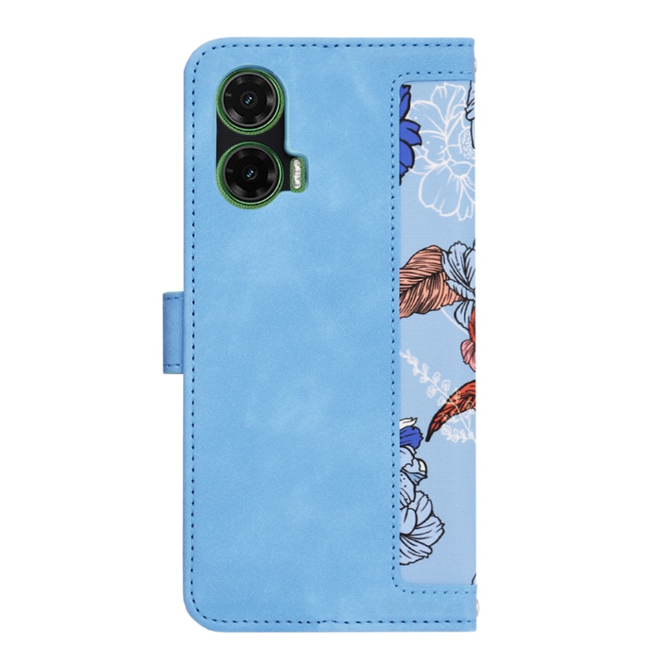 Husa pentru Motorola Moto G35 din Piele Ecologică cu Design Floral, Protecție 360°, Stand Integrat, Buzunare pentru Carduri, SKDR Floral Wallet - Bleu - 2 | YEO