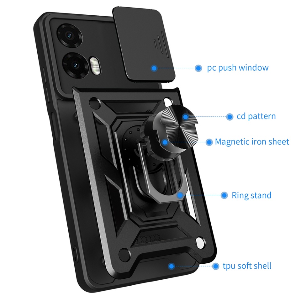 Husa pentru Motorola Moto G35, SKYDDAR INNOVATION, CamShield, Inel magnetic, set cu sticker, Negru - 1 | YEO