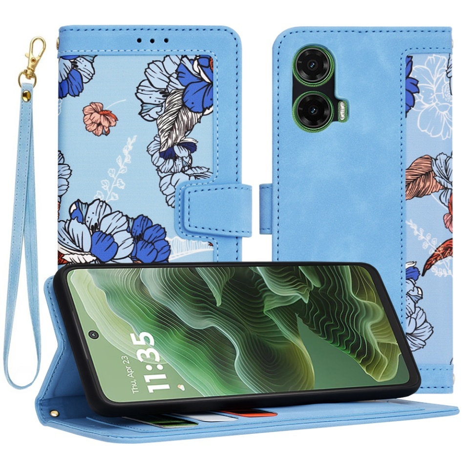 Husa pentru Motorola Moto G35, SKYDDAR INNOVATION, Flipcraft din Piele Ecologică, Stand Integrat, Buzunare pentru Carduri, set cu sticker, Bleu