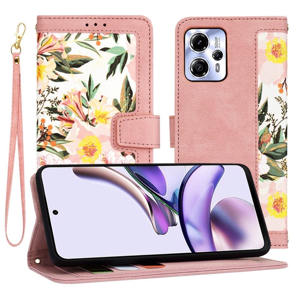 Husa pentru Motorola Moto G53 / Moto G23 / Moto G13 din Piele Ecologică cu Design Floral, Protecție 360°, Stand Integrat, Buzunare pentru Carduri, SKDR Floral Wallet - Roz