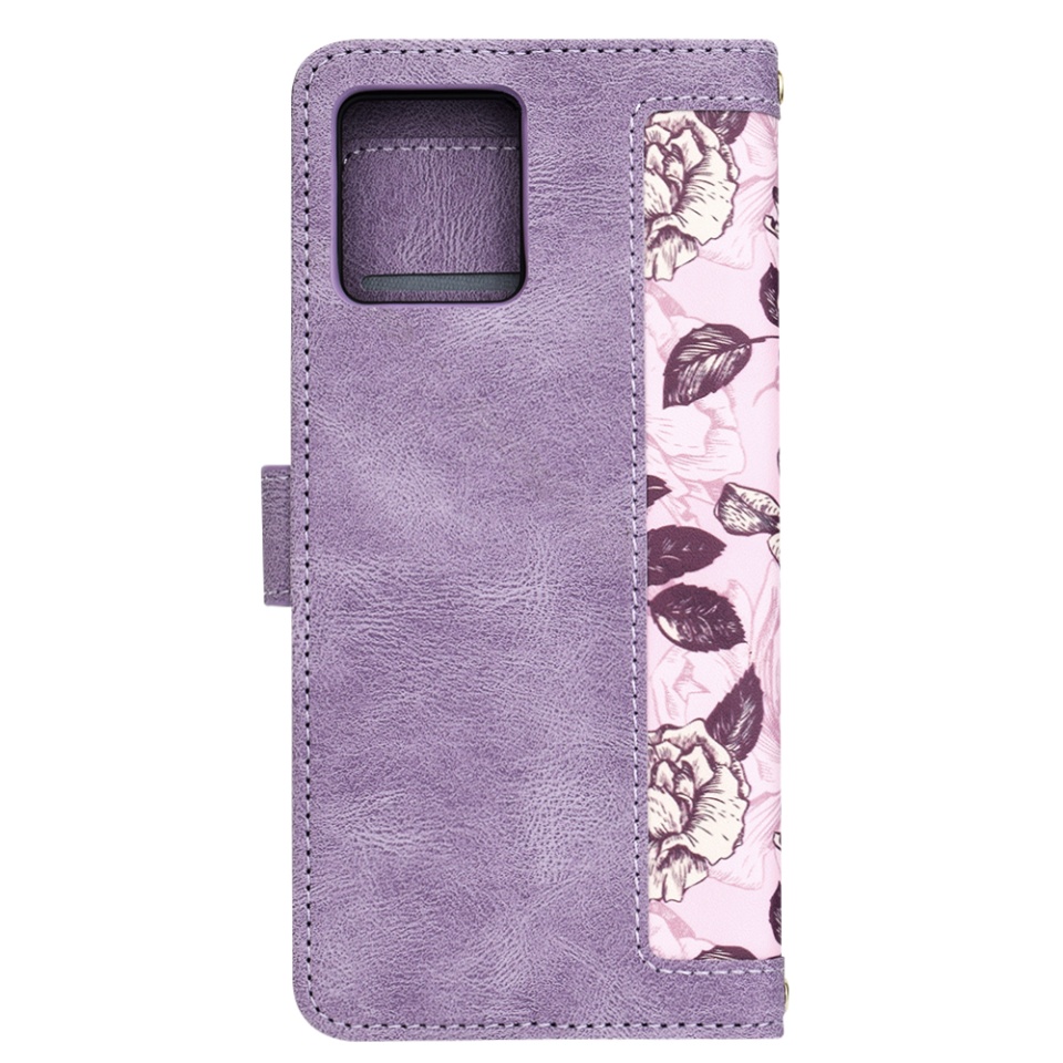 Husa pentru Motorola Moto G72 din Piele Ecologică cu Design Floral, Protecție 360°, Stand Integrat, Buzunare pentru Carduri, SKDR Floral Wallet - Mov - 2 | YEO