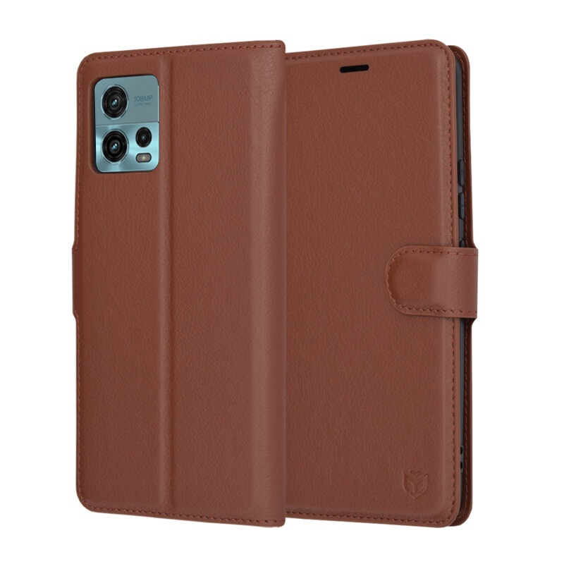 Husa pentru Motorola Moto G72, SKYDDAR INNOVATION, Leather Folio tip Carte, cu Portofel Interior, Finisaje Premium, set cu sticker, Maro