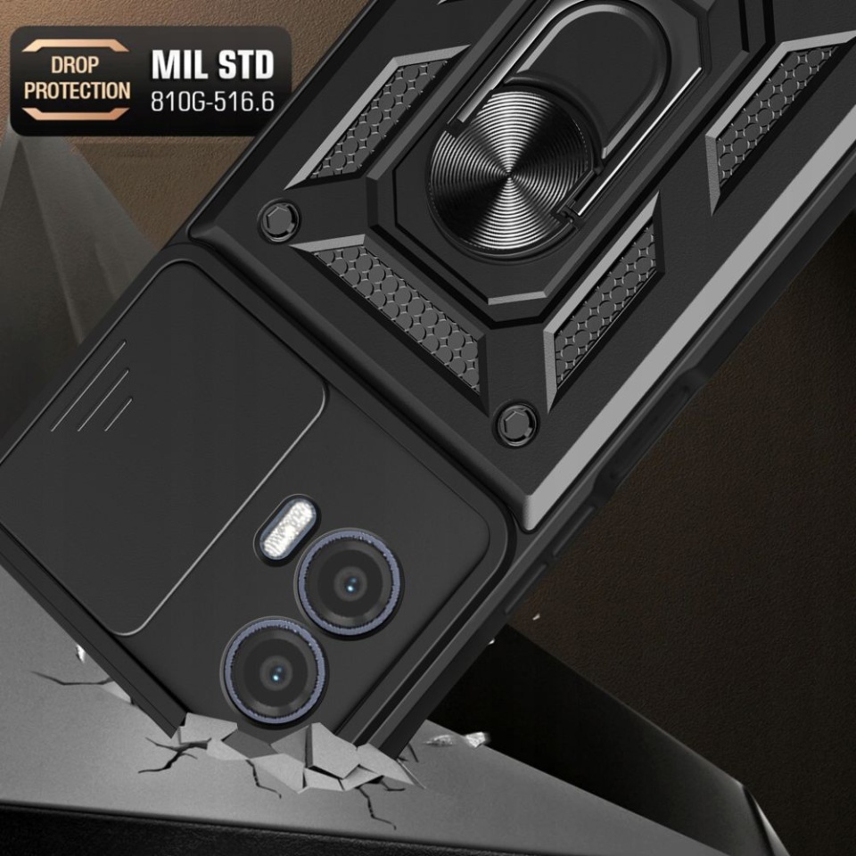 Husa pentru Motorola Moto G73, SKYDDAR INNOVATION, CamShield, Inel magnetic, set cu sticker, Negru - 3 | YEO