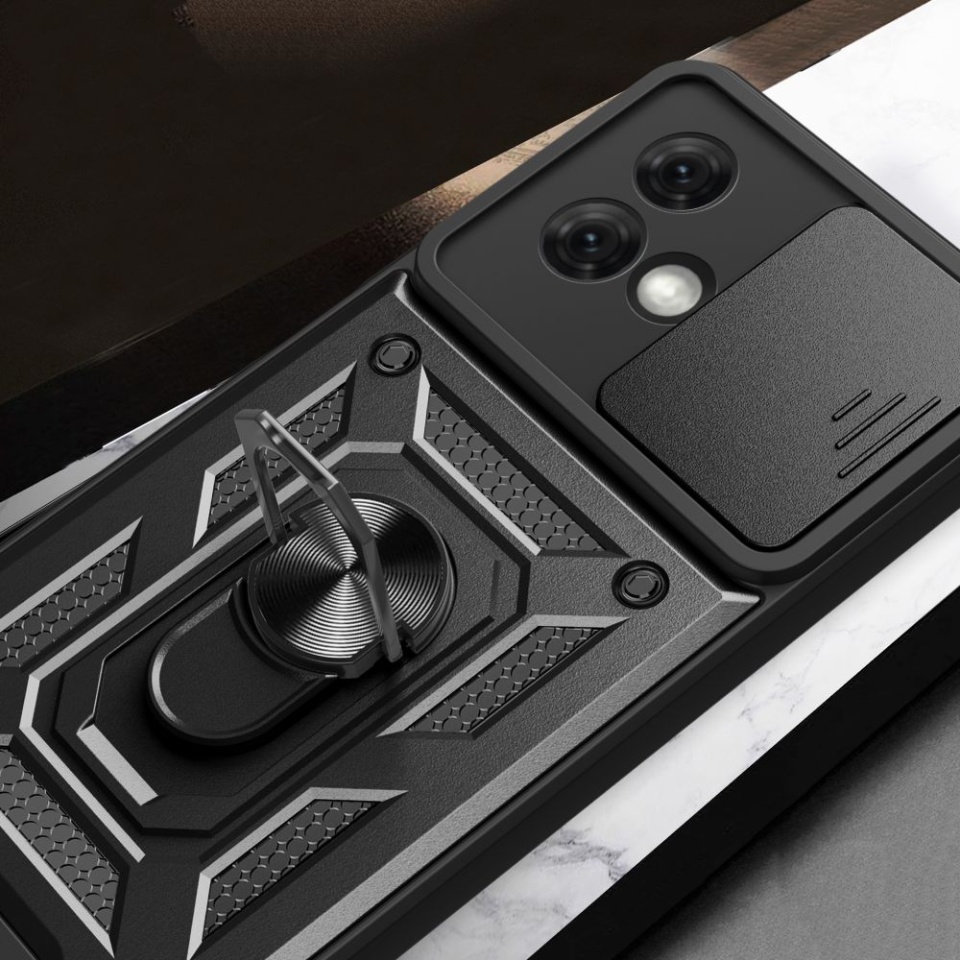 Husa pentru Motorola Moto G84, SKYDDAR INNOVATION, CamShield, Inel magnetic, set cu sticker, Negru - 2 | YEO