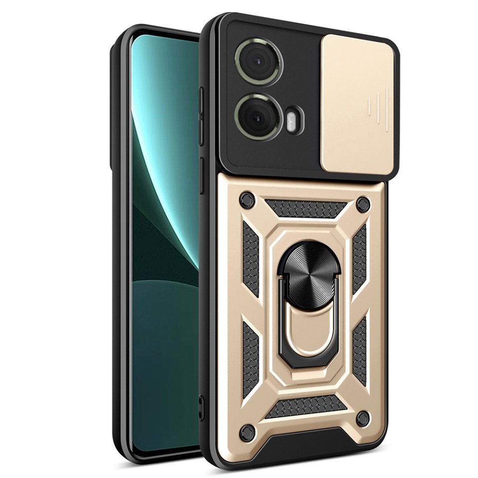 Husa pentru Motorola Moto G85, SKYDDAR INNOVATION, CamShield, Inel magnetic, set cu sticker, Auriu