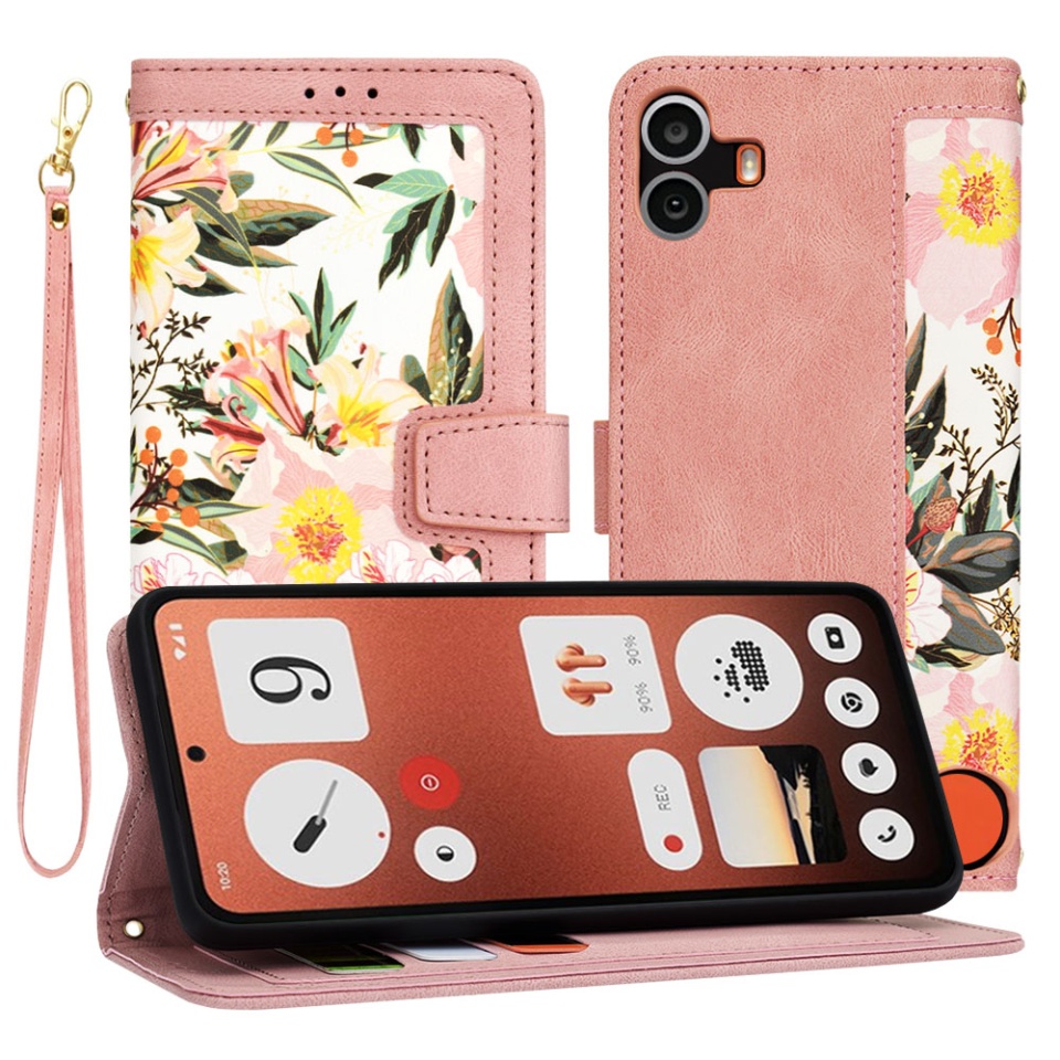 Husa pentru Nothing CMF Phone 1 din Piele Ecologică cu Design Floral, Protecție 360°, Stand Integrat, Buzunare pentru Carduri, SKDR Floral Wallet - Roz