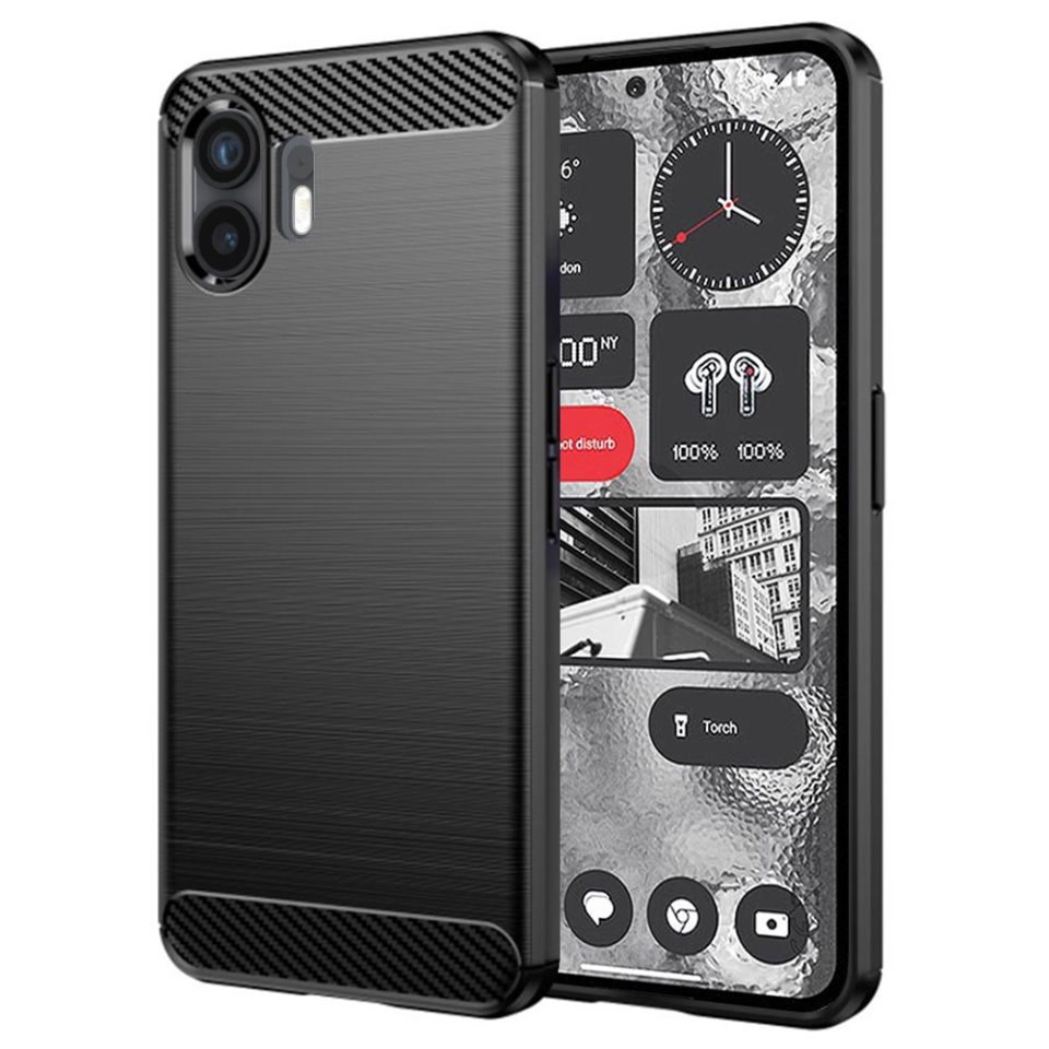 Husa pentru Nothing Phone (2), SKYDDAR INNOVATION, Carbon Silicone, din Silicon Slim, cu textura Fibra Carbon, set cu sticker, Negru