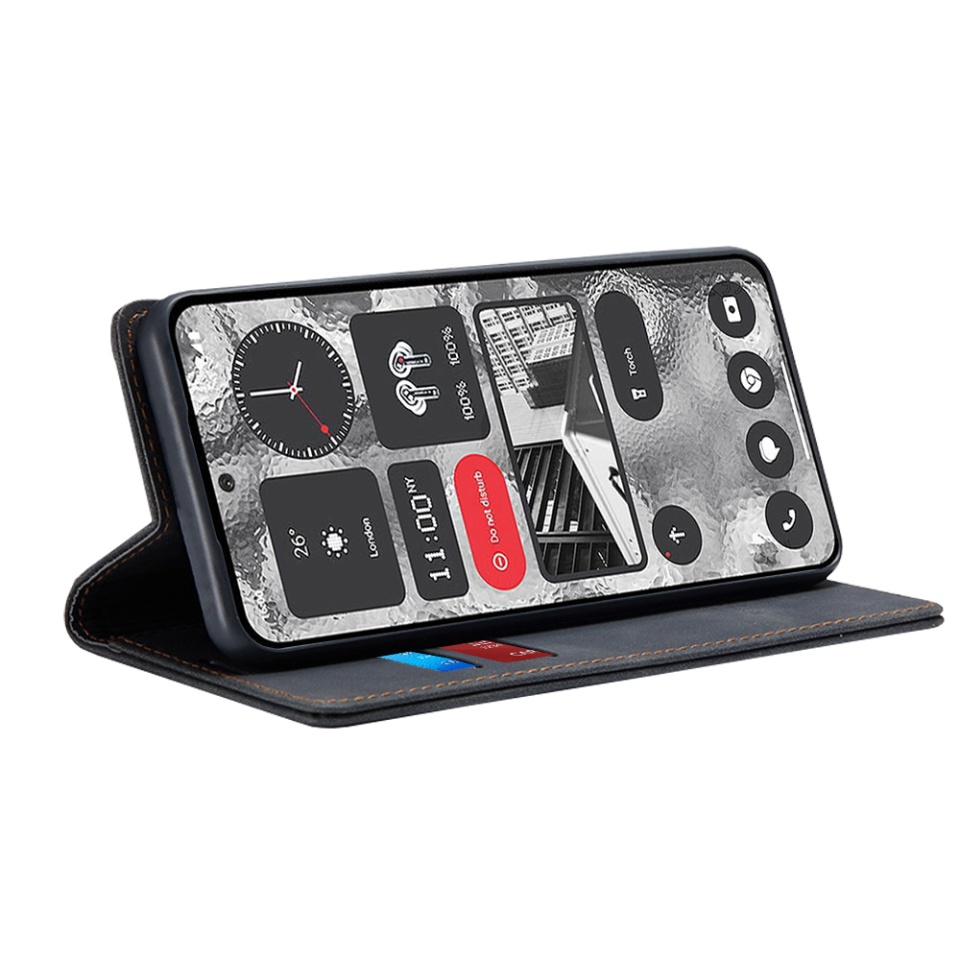 Husa pentru Nothing Phone (2), SKYDDAR INNOVATION, Soft Wallet, tip Carte din piele Eco Premium, cu Portofel Interior, Negru, set cu sticker - 1 | YEO