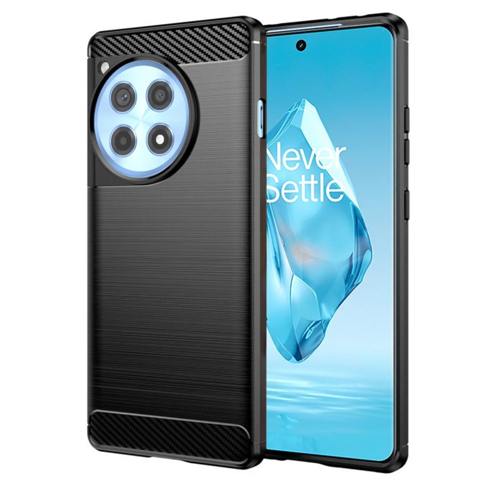 Husa pentru OnePlus 12R, SKYDDAR INNOVATION, Carbon Silicone, din Silicon Slim, cu textura Fibra Carbon, set cu sticker, Negru