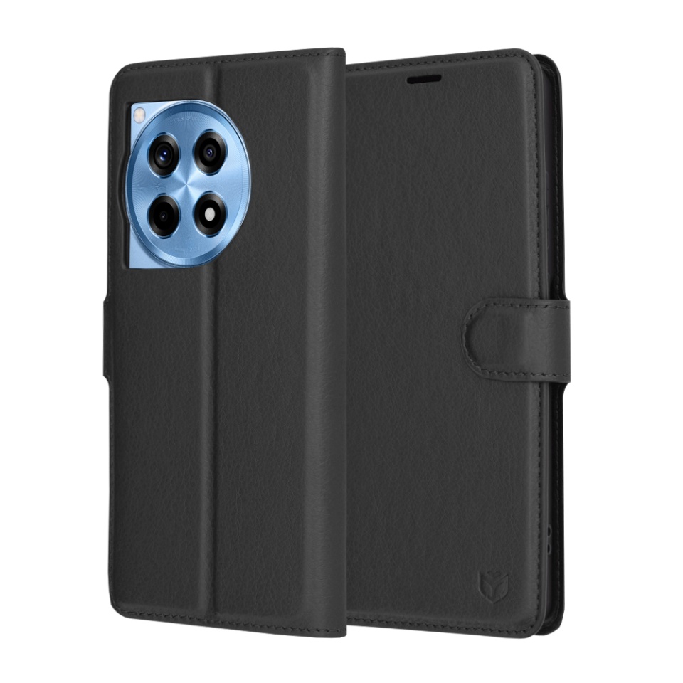 Husa pentru OnePlus 12R, SKYDDAR INNOVATION, Leather Folio tip Carte, cu Portofel Interior, Finisaje Premium, set cu sticker, Negru