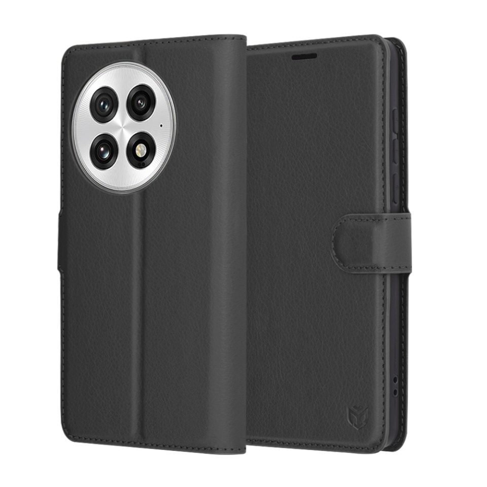 Husa pentru OnePlus 13, SKYDDAR INNOVATION, Leather Folio tip Carte, cu Portofel Interior, Finisaje Premium, set cu sticker, Negru