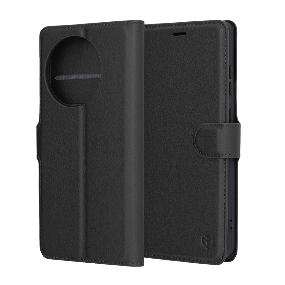 Husa pentru OnePlus 13R, SKYDDAR INNOVATION, Leather Wallet, tip Carte cu Portofel Interior, Finisaje Premium, set cu sticker, Negru