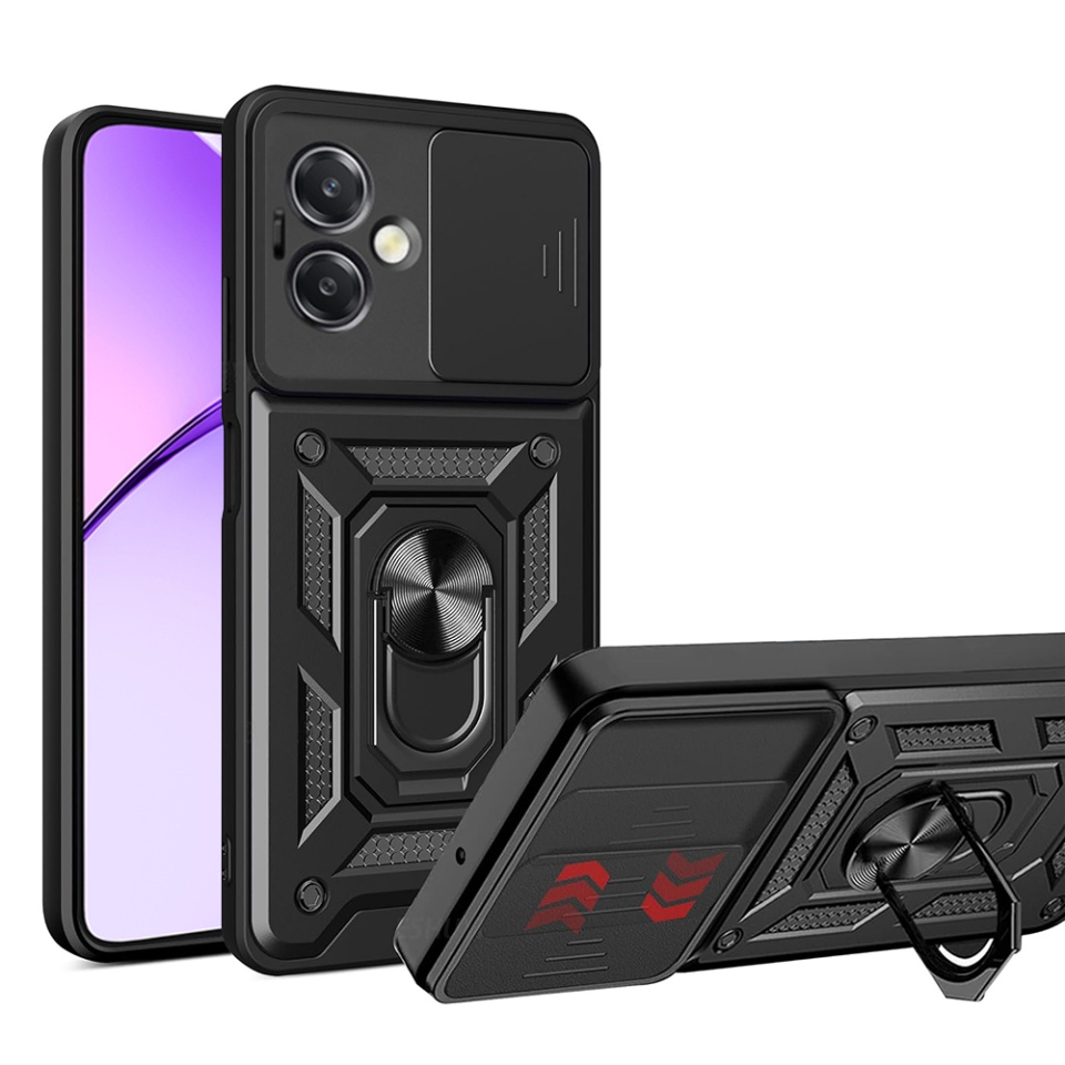 Husa pentru Oppo A40 4G / A60 5G, SKYDDAR INNOVATION, CamShield, Inel magnetic, set cu sticker, Negru
