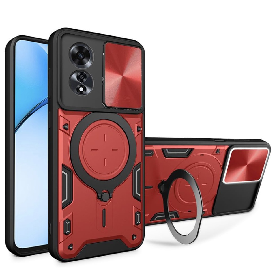 Husa pentru Oppo A60 4G, SKYDDAR INNOVATION, CamGuard Pro, Inel Magnetic, Protectie Camera, set cu sticker, Rosu