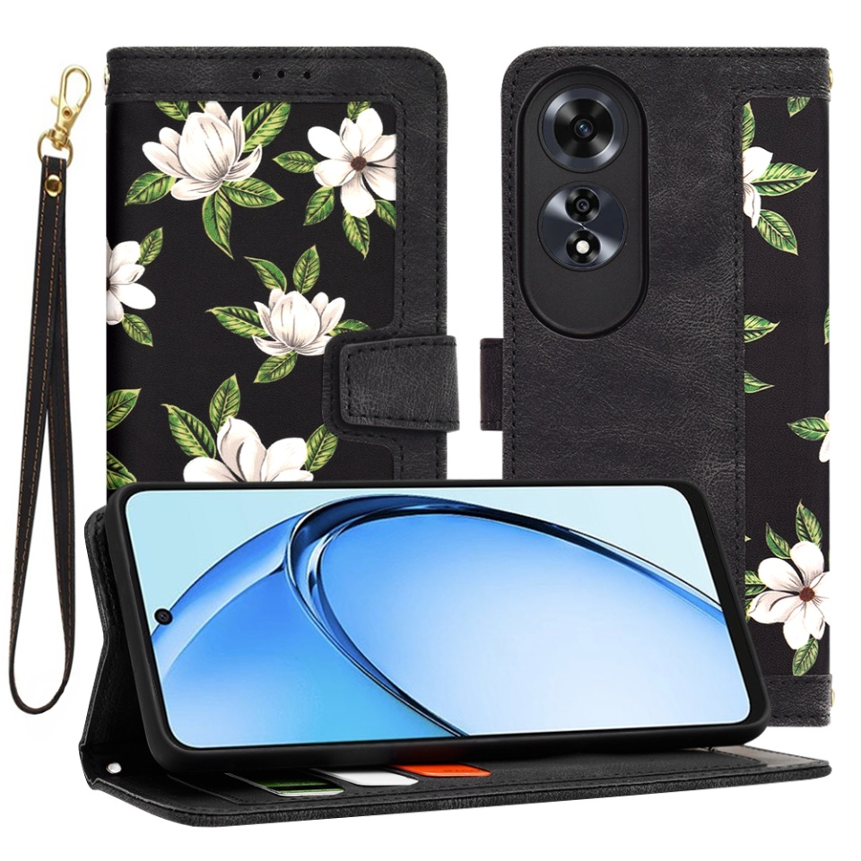 Husa pentru Oppo A60 din Piele Ecologică cu Design Floral, Protecție 360°, Stand Integrat, Buzunare pentru Carduri, SKDR Floral Wallet - Negru