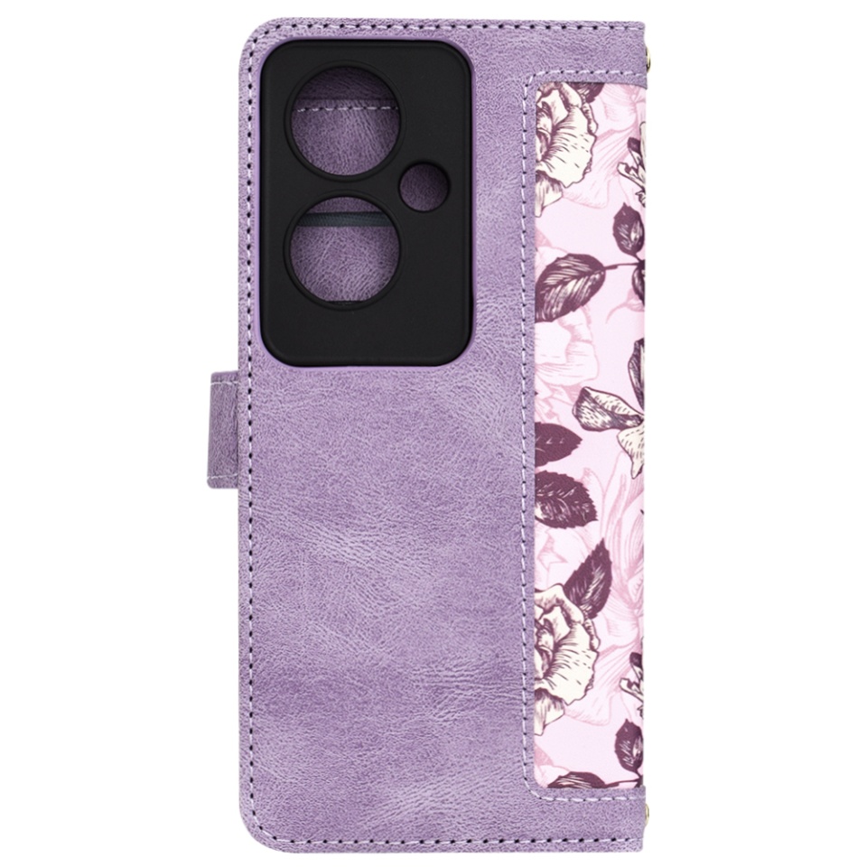 Husa pentru Oppo Reno11 F din Piele Ecologică cu Design Floral, Protecție 360°, Stand Integrat, Buzunare pentru Carduri, SKDR Floral Wallet - Mov - 3 | YEO