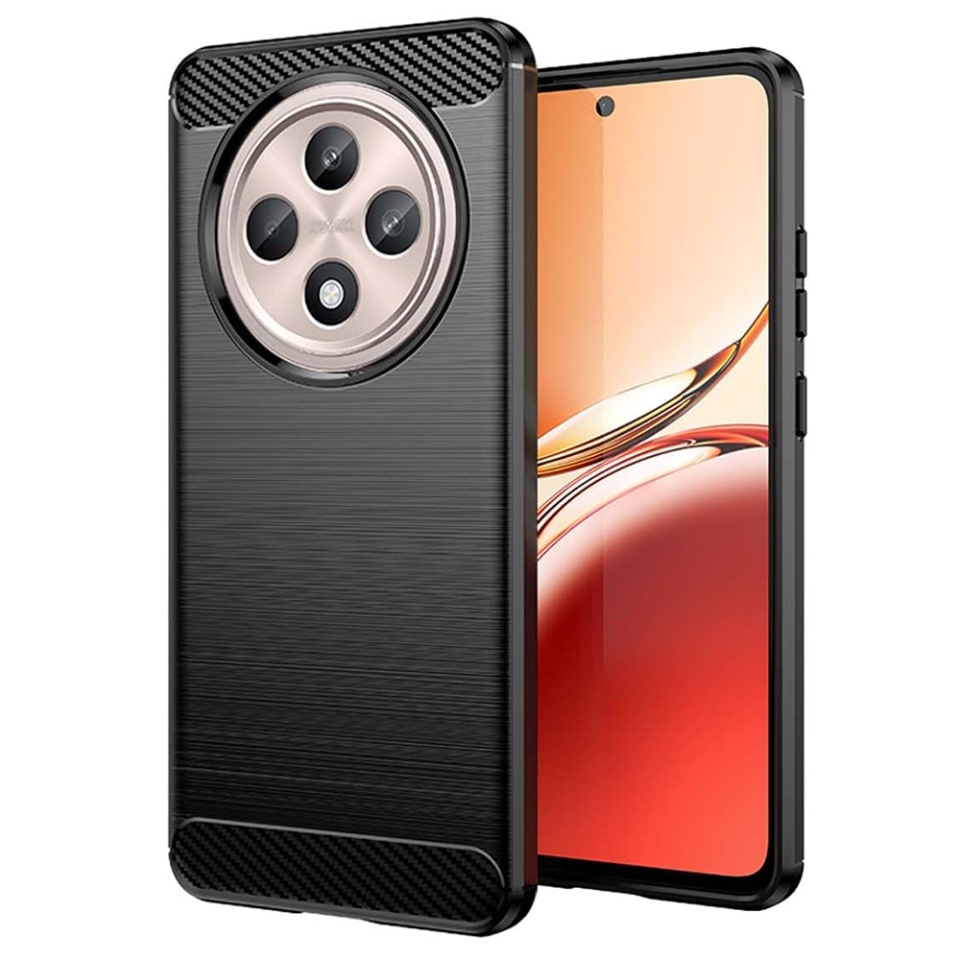 Husa pentru Oppo Reno12 F 5G / Reno12 FS 5G / Reno12 F 4G / Reno12 FS 4G, SKYDDAR INNOVATION, Carbon Silicone, din Silicon Slim, cu textura Fibra Carbon, set cu sticker, Negru