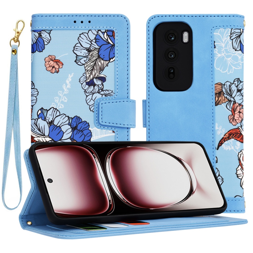 Husa pentru Oppo Reno12 Pro din Piele Ecologică cu Design Floral, Protecție 360°, Stand Integrat, Buzunare pentru Carduri, SKDR Floral Wallet - Bleu
