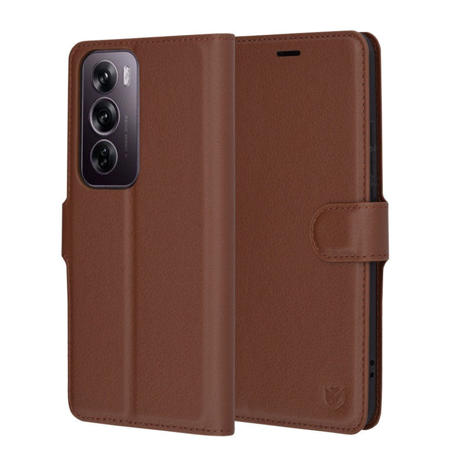 Husa pentru Oppo Reno12 Pro, SKYDDAR INNOVATION, Leather Folio tip Carte, cu Portofel Interior, Finisaje Premium, set cu sticker, Maro