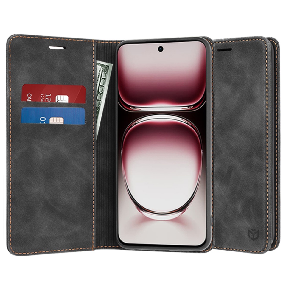 Husa pentru Oppo Reno12 Pro tip Carte, din piele Eco Premium, cu Portofel Interior, SKYDDAR Soft Wallet - Negru