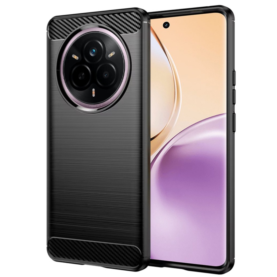 Husa pentru Realme 14 Pro, SKYDDAR INNOVATION, Carbon Silicone, din Silicon Premium, Slim, cu textura Fibra Carbon, Negru, set cu sticker