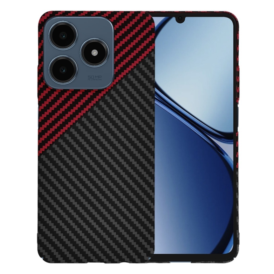 Husa pentru Realme C63 / C61, SKYDDAR INNOVATION, textura carbon, Carbonite FiberShell, set cu sticker, Rosu inchis,
