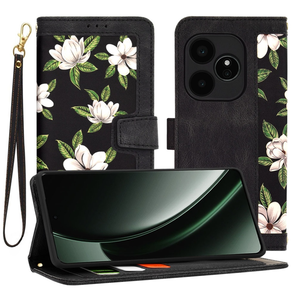 Husa pentru Realme GT 6 / GT 6T din Piele Ecologică cu Design Floral, Protecție 360°, Stand Integrat, Buzunare pentru Carduri, SKDR Floral Wallet - Negru