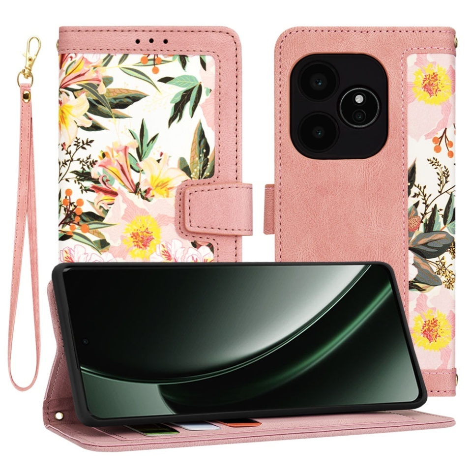 Husa pentru Realme GT 6 / GT 6T, SKYDDAR INNOVATION, Flipcraft din Piele Ecologică, Stand Integrat, Buzunare pentru Carduri, set cu sticker, Roz