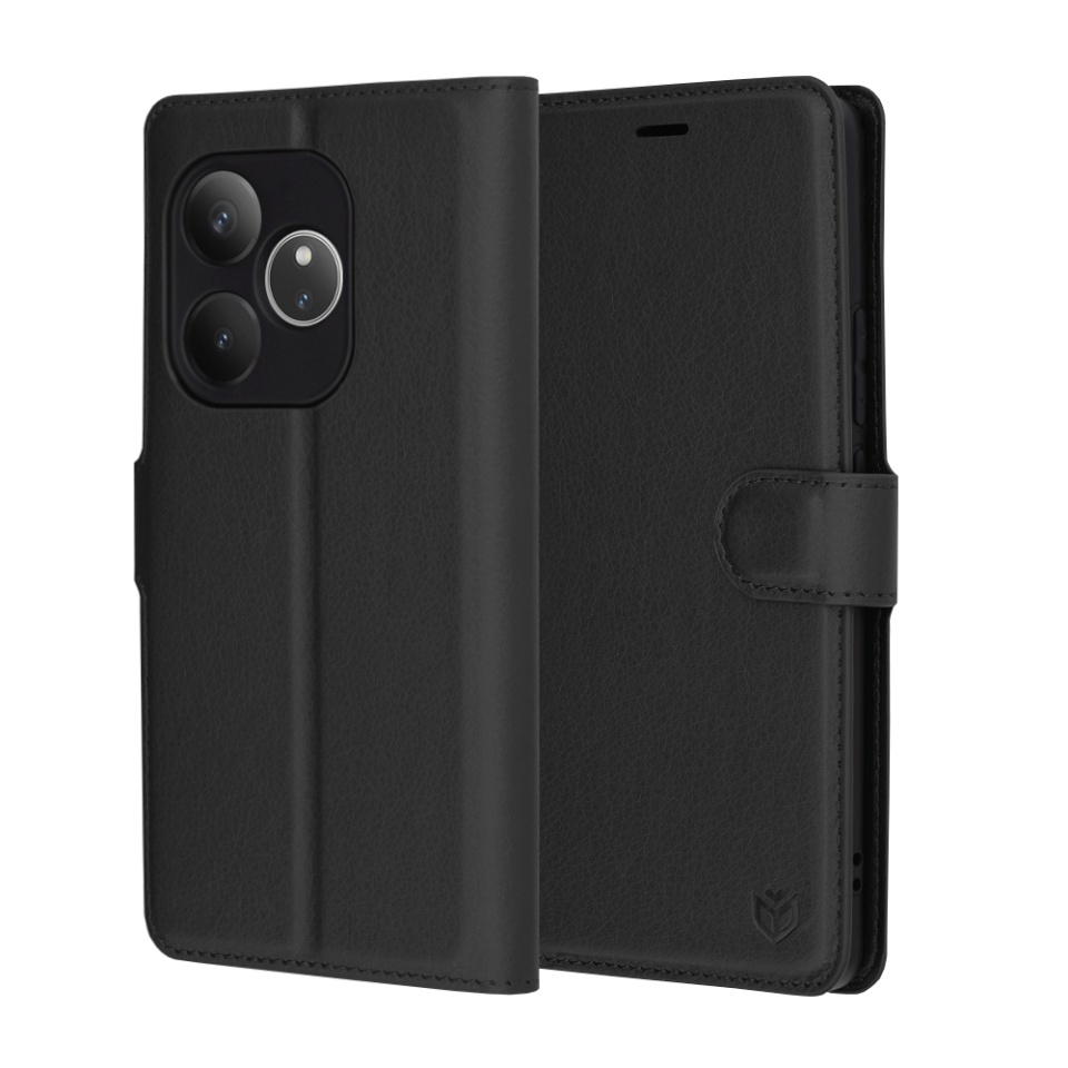 Husa pentru Realme GT 6 / GT 6T, SKYDDAR INNOVATION, Leather Folio tip Carte, cu Portofel Interior, Finisaje Premium, set cu sticker, Negru