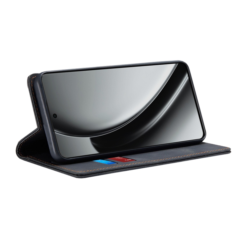 Husa pentru Realme GT 6 / GT 6T, SKYDDAR INNOVATION, Soft Wallet, tip Carte din piele Eco Premium, cu Portofel Interior, Negru, set cu sticker - 1 | YEO