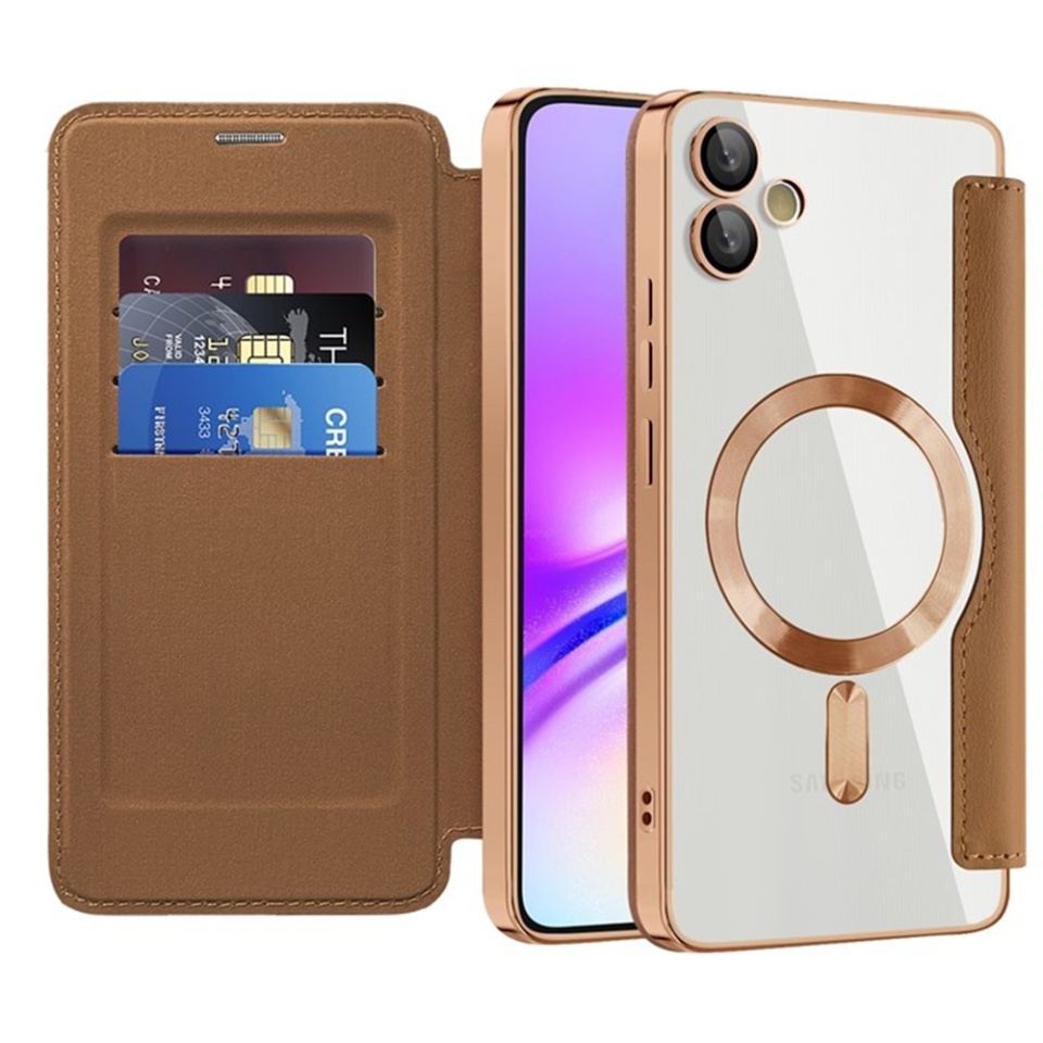 Husa pentru Samsung Galaxy A05 tip carte, SKYDDAR INOVATION, SmartMag Book, Magsafe, RFiD, Suport Carduri, set cu sticker, Maro