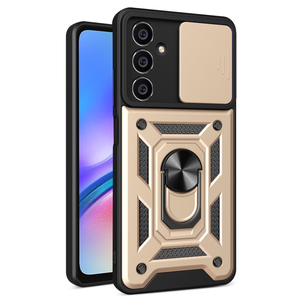 Husa pentru Samsung Galaxy A05s, SKYDDAR INNOVATION, CamShield, Inel magnetic, set cu sticker, Auriu