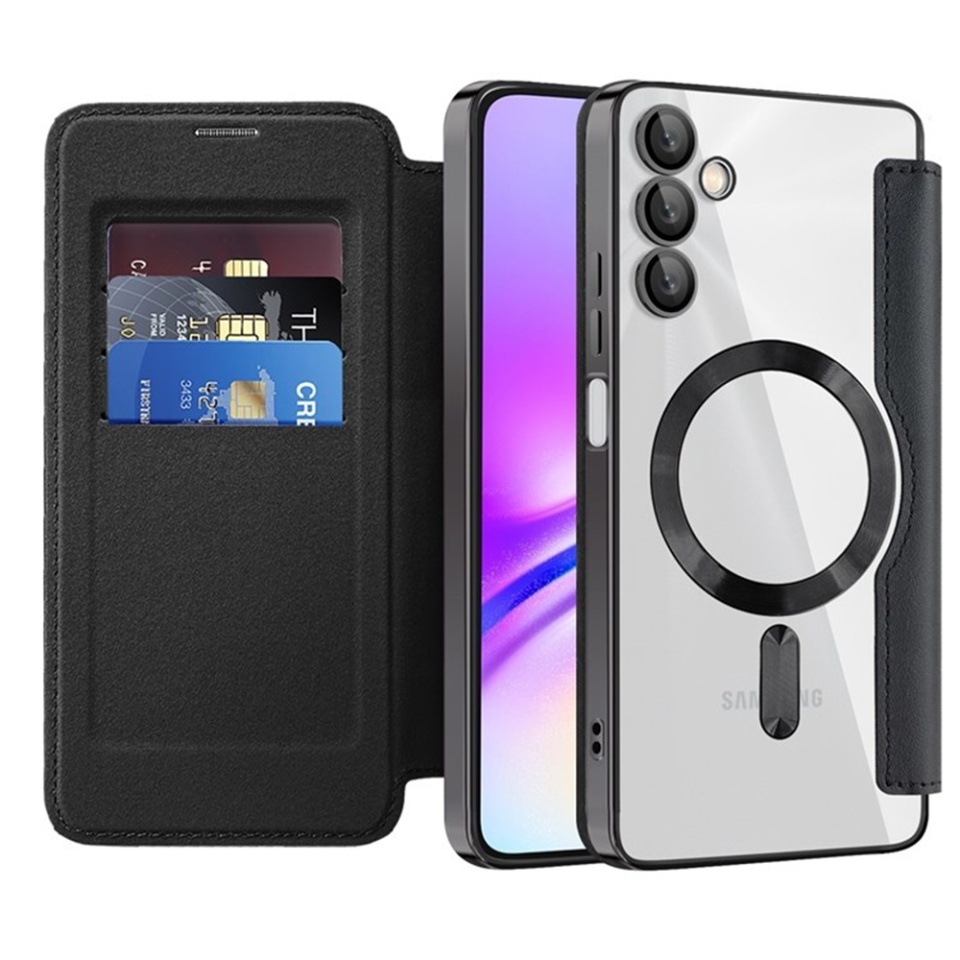 Husa pentru Samsung Galaxy A05s tip carte, SKYDDAR INOVATION, SmartMag Book, Magsafe, RFiD, Suport Carduri, set cu sticker, Negru