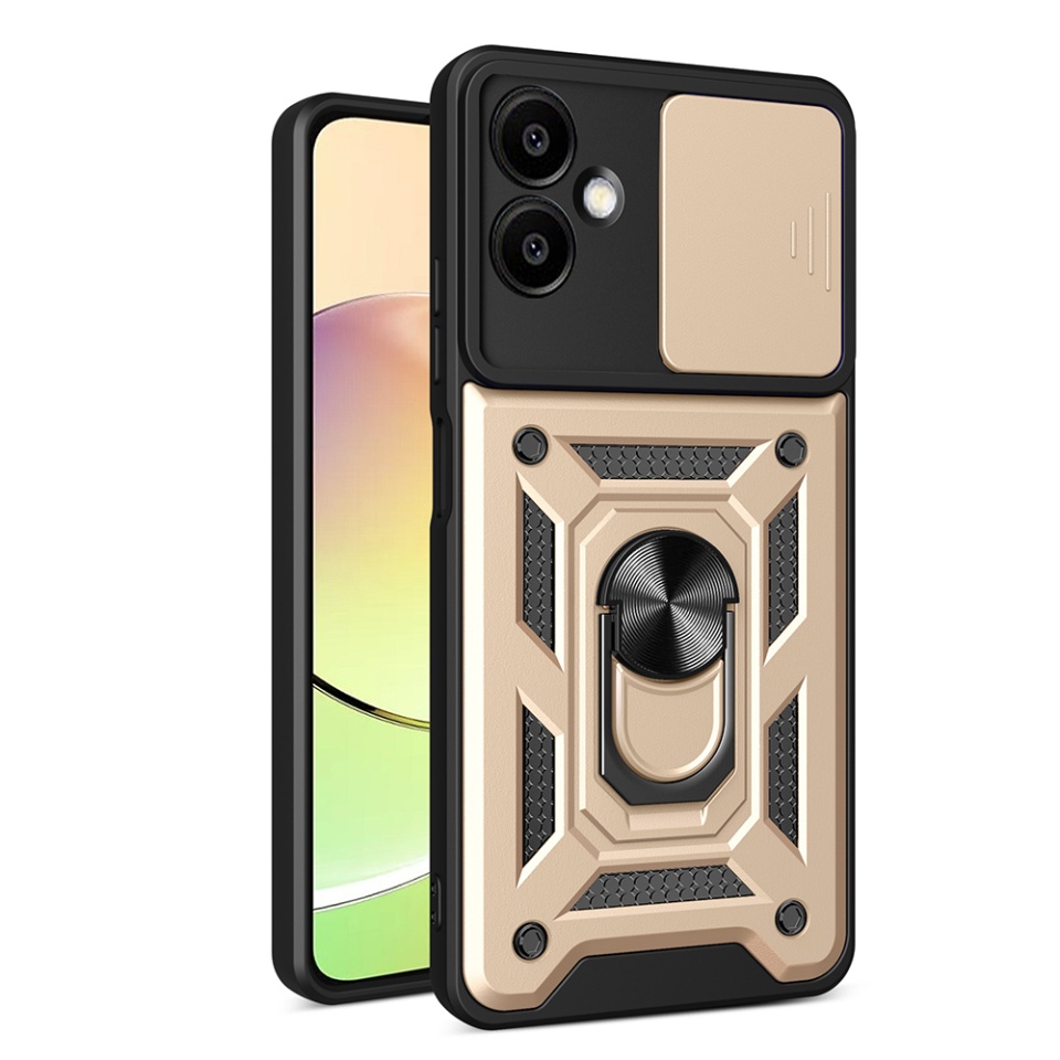 Husa pentru Samsung Galaxy A06, SKYDDAR INNOVATION, CamShield, Inel magnetic, set cu sticker, Auriu