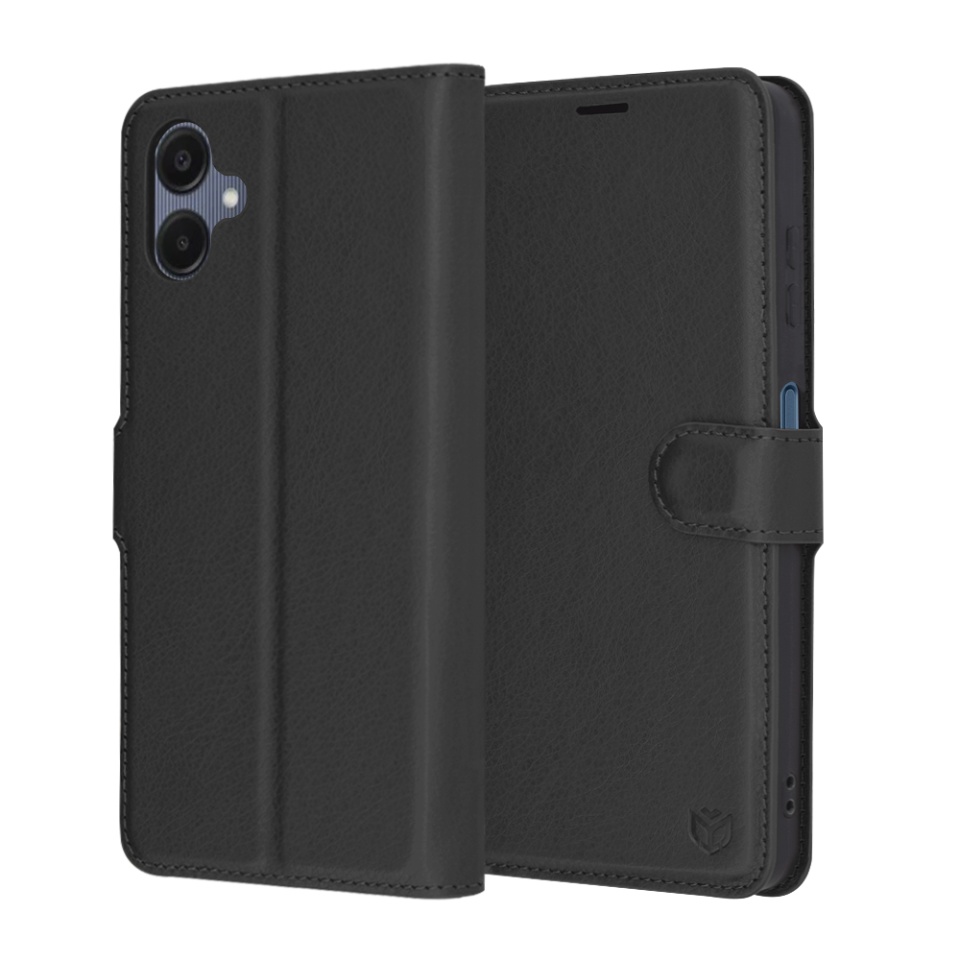 Husa pentru Samsung Galaxy A06, SKYDDAR INNOVATION, Leather Folio, tip Carte, cu Portofel Interior, Finisaje Premium, Negru, set cu sticker