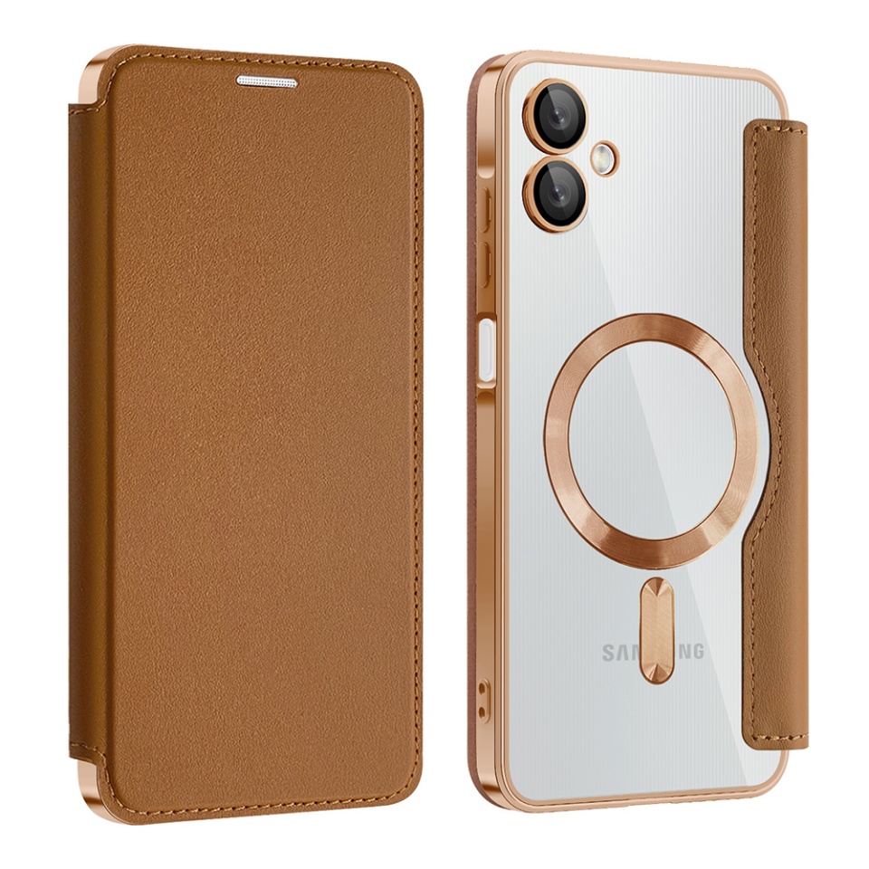 Husa pentru Samsung Galaxy A06 tip carte, SKYDDAR INOVATION, SmartMag Book, Magsafe, RFiD, Suport Carduri, set cu sticker, Maro - 1 | YEO