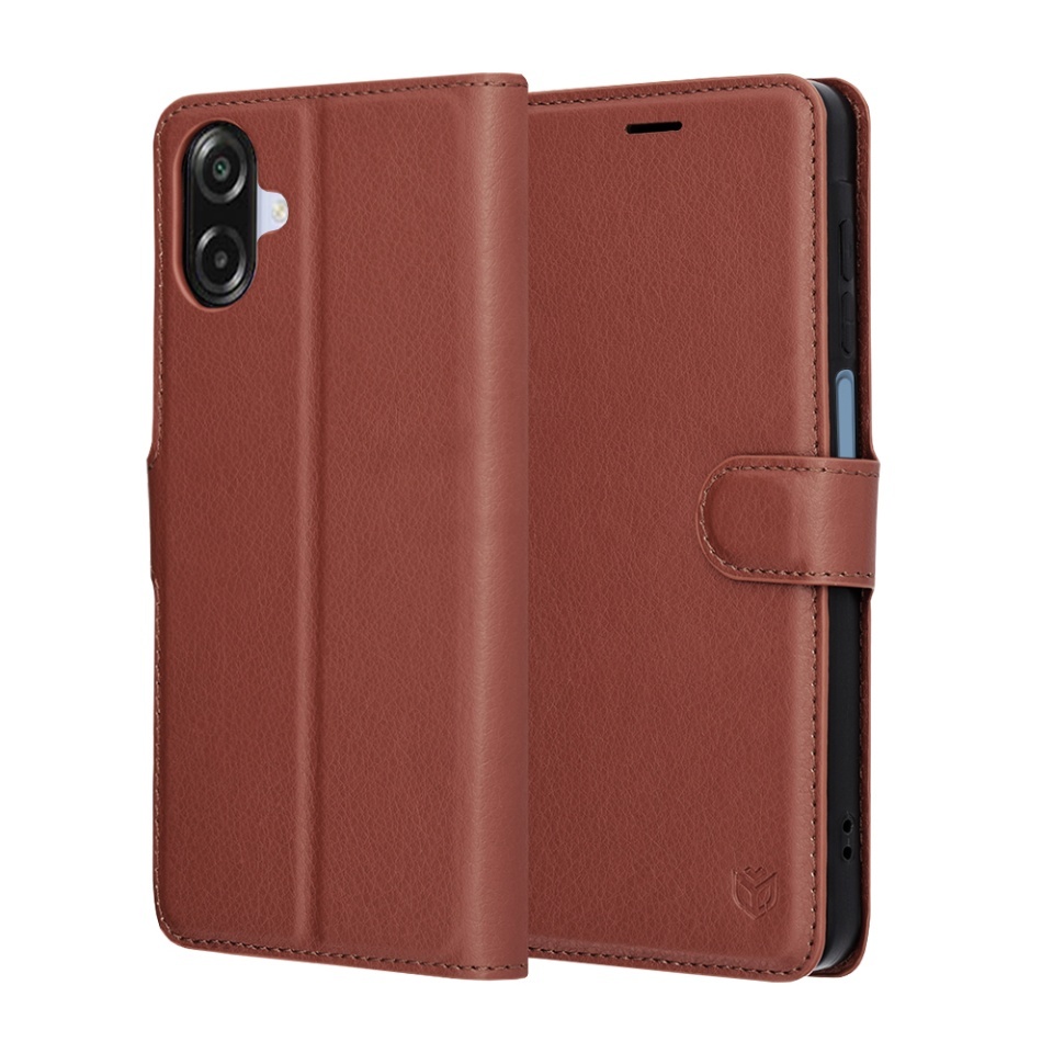Husa pentru Samsung Galaxy A07 4G, SKYDDAR INNOVATION, Leather Folio tip Carte, cu Portofel Interior, Finisaje Premium, set cu sticker, Maro