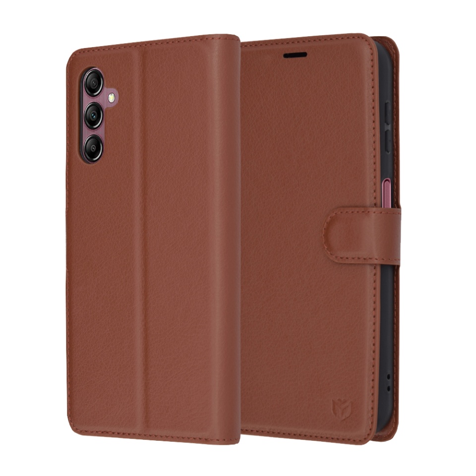 Husa pentru Samsung Galaxy A14 5G / Galaxy A14 4G, SKYDDAR INNOVATION, Leather Folio tip Carte, cu Portofel Interior, Finisaje Premium, set cu sticker, Maro