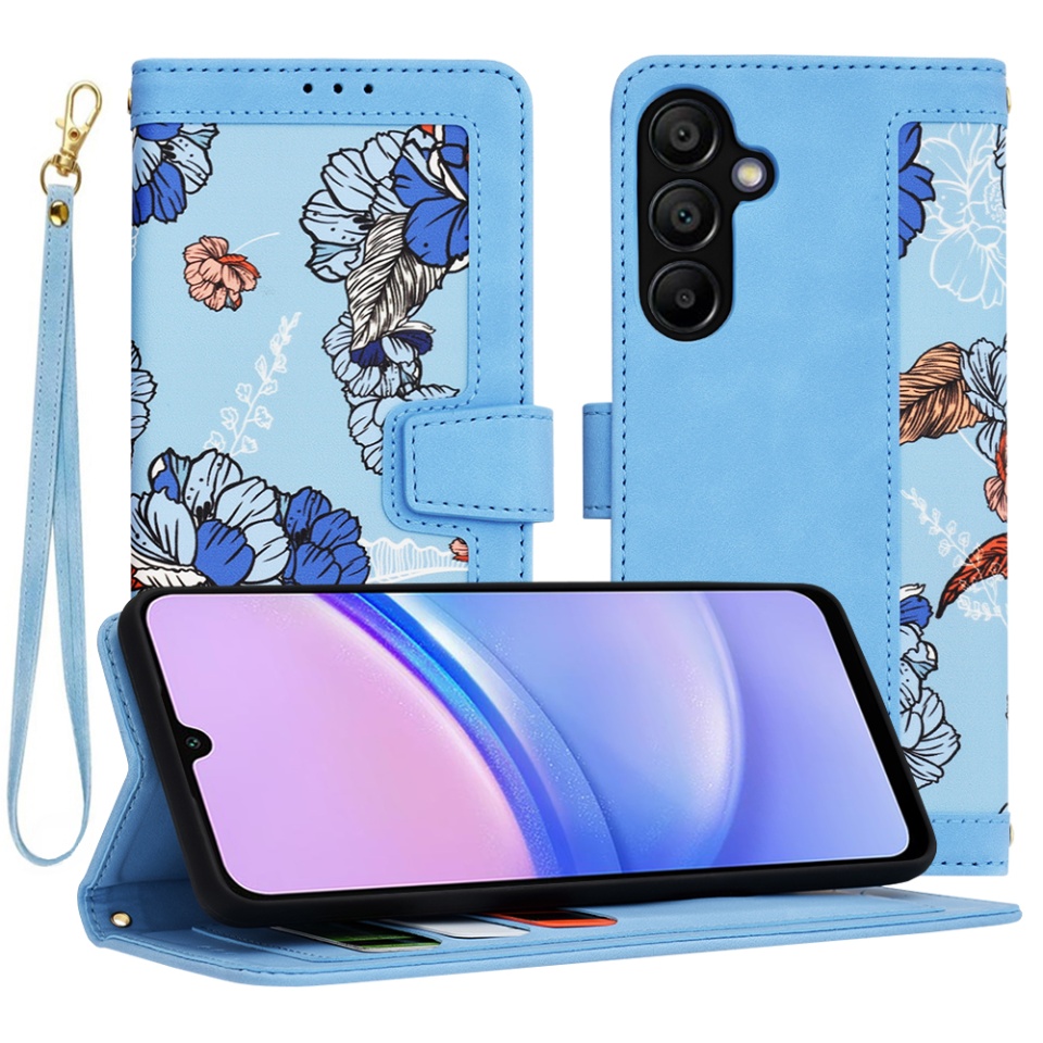 Husa pentru Samsung Galaxy A15 4G / Galaxy A15 5G, SKYDDAR INNOVATION, Floral Wallet, din Piele Ecologică cu Design Floral, Protecție 360°, Stand Integrat, Buzunare pentru Carduri, Bleu, set cu sticker