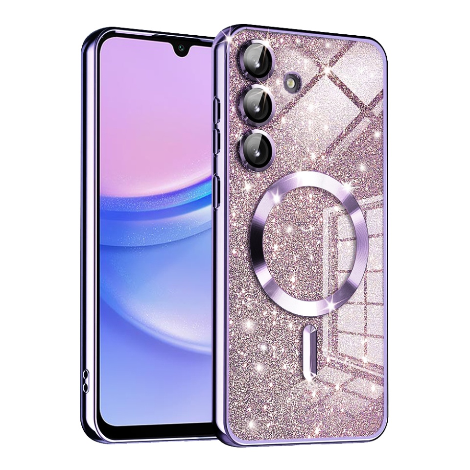 Husa pentru Samsung Galaxy A15 4G / Galaxy A15 5G, SKYDDAR INNOVATION, Luxury Glitter Magsafe, Antisoc, Fundal Detasabil 2-in-1, Margini Ridicate, set cu sticker, Mov deschis