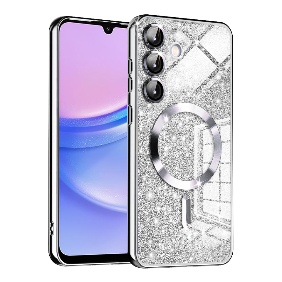 Husa pentru Samsung Galaxy A15 4G / Galaxy A15 5G, SKYDDAR INNOVATION, Luxury Glitter Magsafe, Antisoc, Fundal Detasabil 2-in-1, Margini Ridicate, set cu sticker, Argintiu