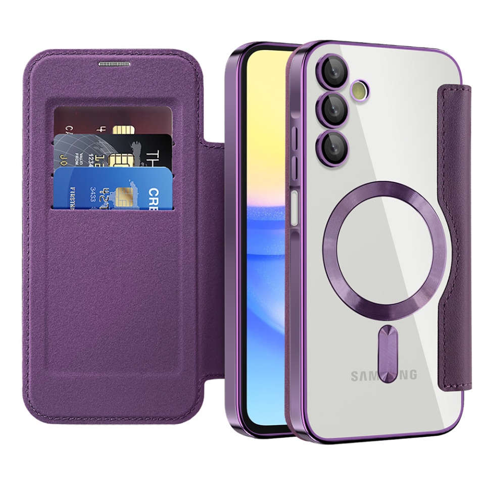 Husa pentru Samsung Galaxy A15 4G / Galaxy A15 5G tip carte, SKYDDAR INOVATION, SmartMag Book, Magsafe, RFiD, Suport Carduri, set cu sticker, Mov